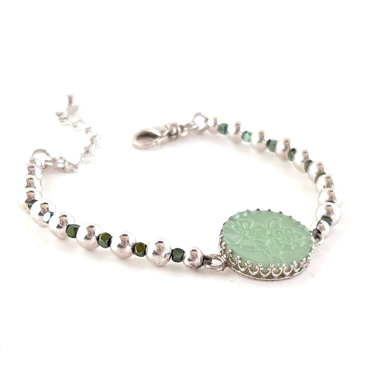 Fire King Alice Jadeite Jewelry Bracelet, Silver Beaded Bracelet, Unique Gifts for Women, Vintage Depression Glass and Pyrite