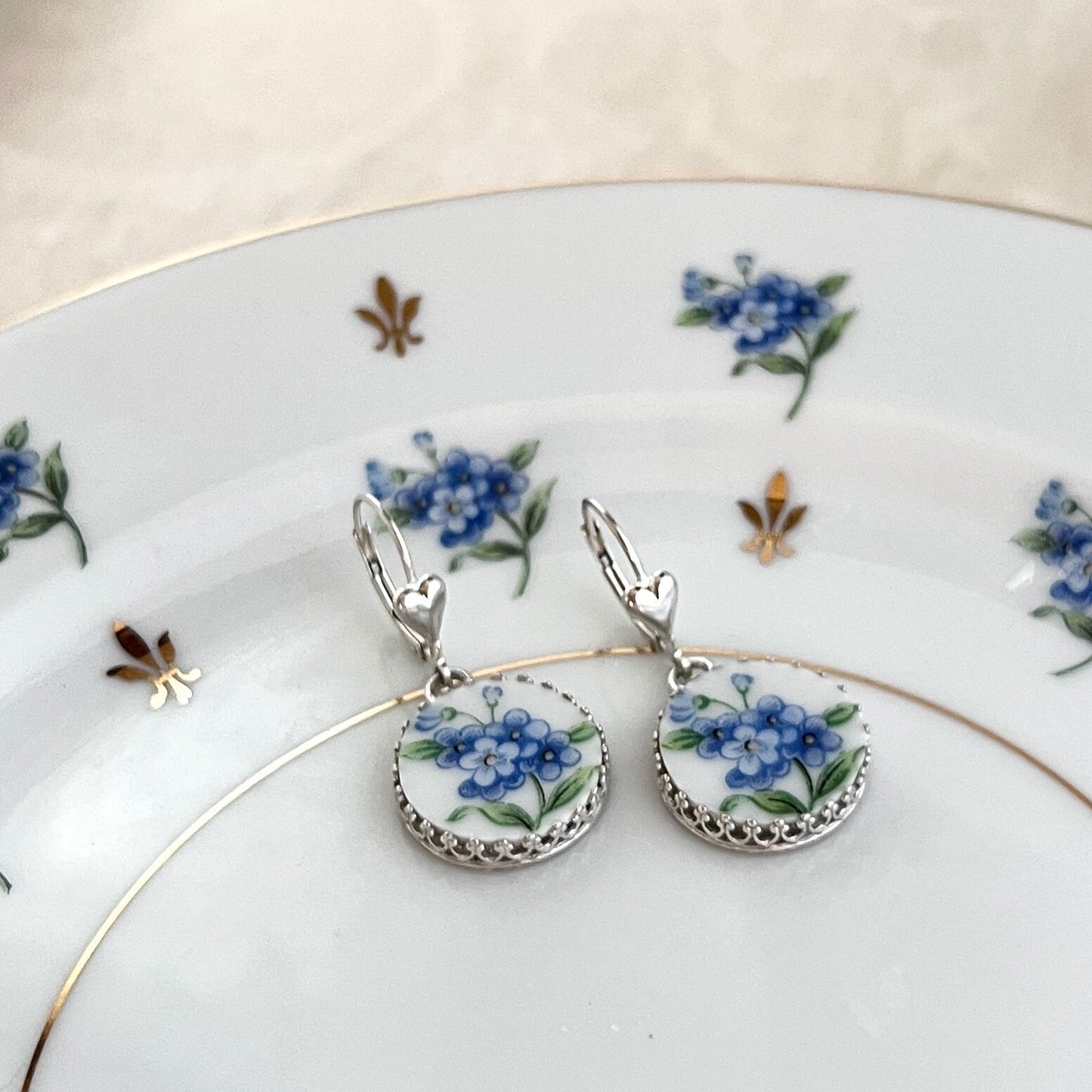 Forget Me Not Me Not Flower Earrings, Romantic Gift for Girlfriend, Sterling Silver Broken China Jewelry,  Gifts for Women