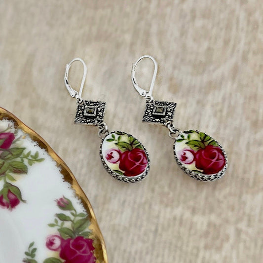 20th Anniversary Gifts, Gift for Wife, Broken China Jewelry Marcasite Earrings, Sterling Silver, Old Country Roses