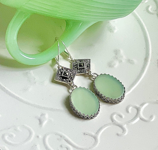 Victorian Marcasite and Jadeite Earrings, Fire King Jadeite Jewelry, Unique  Gifts for Women, Anniversary Gifts for Wife