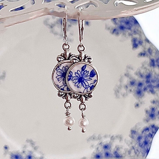20th Anniversary Gift for Wife, Shelley Dainty Blue, Victorian Broken China Jewelry Earrings