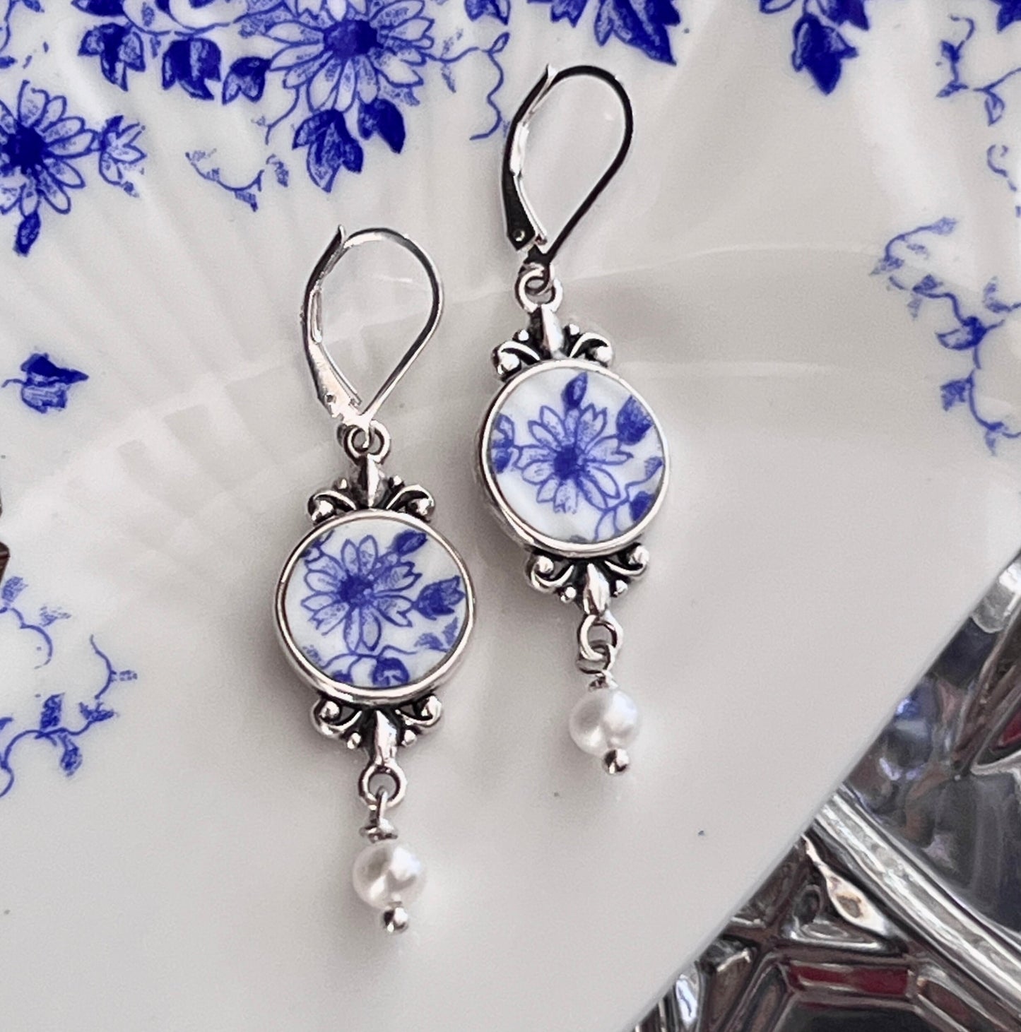 20th Anniversary Gift for Wife, Shelley Dainty Blue, Victorian Broken China Jewelry Earrings