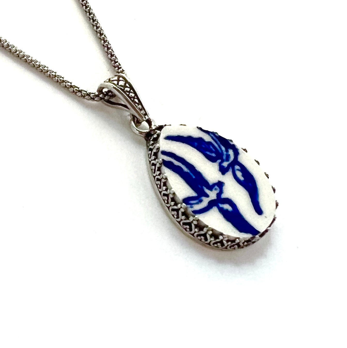 Sterling Silver Love Birds China Necklace, Broken China Jewelry Willow Ware, 20th Anniversary Gift for Wife