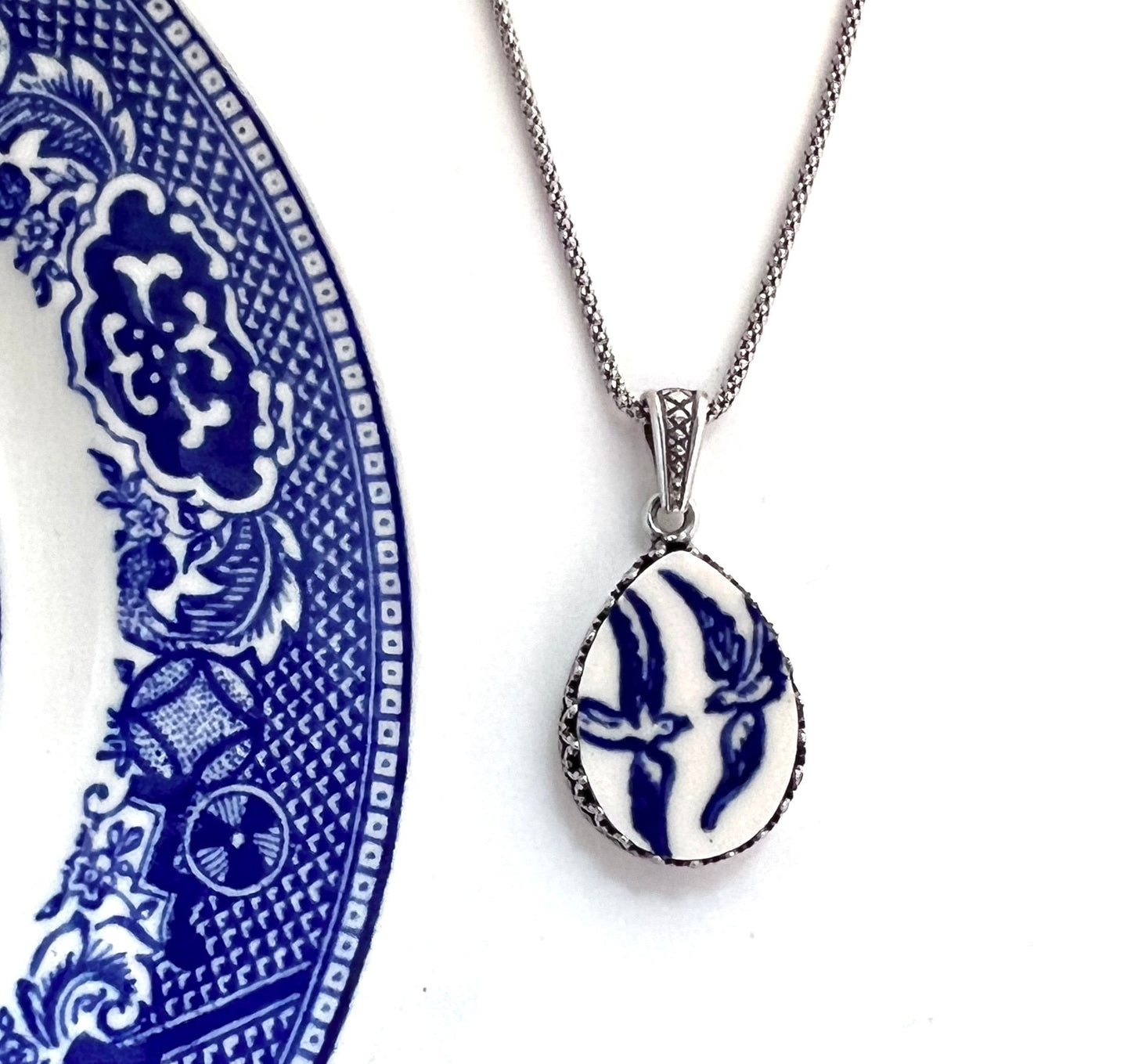 Sterling Silver Love Birds China Necklace, Broken China Jewelry Willow Ware, 20th Anniversary Gift for Wife