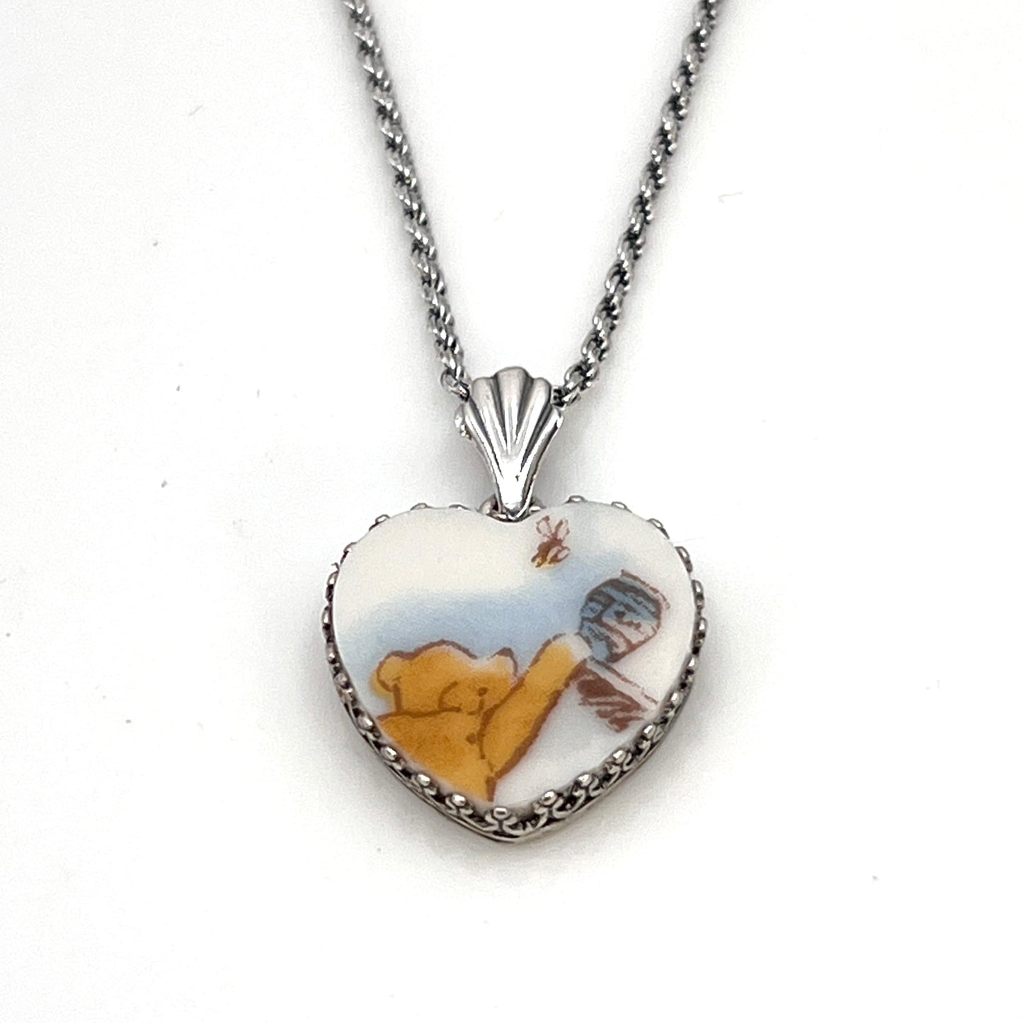 Winnie the Pooh Heart Necklace, Sterling Silver Necklace, Unique Gifts for Women, Broken China Jewelry Christmas Gift