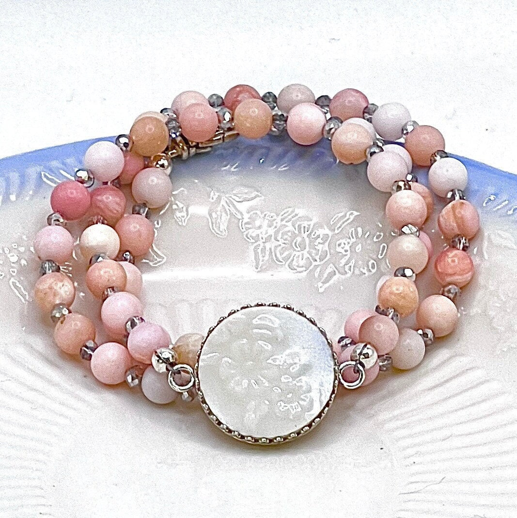Vintage Fire King White Milk Glass, Natural Pink Opal Wrap Bracelet Made With Depression Glass, Unique Jewelry