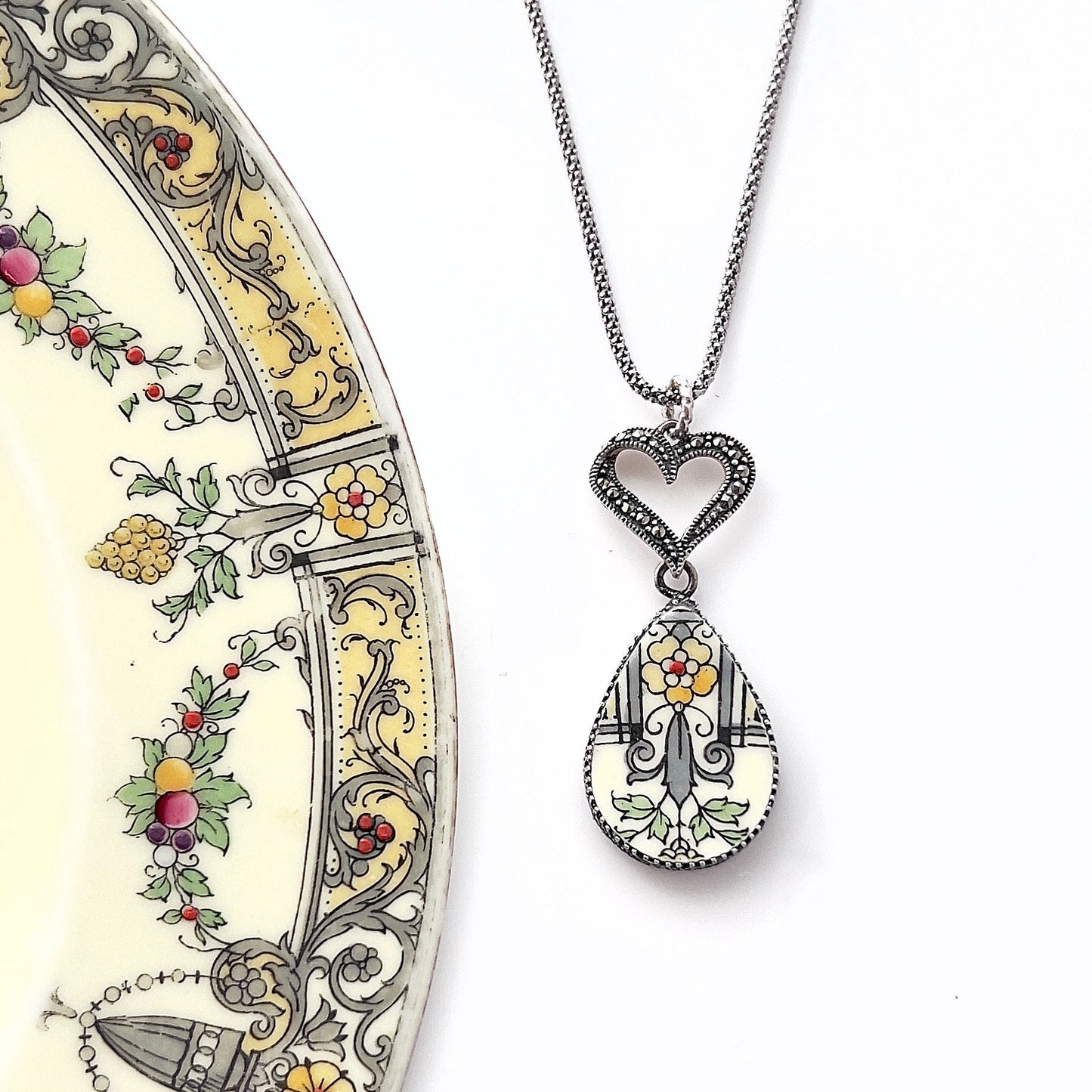 Victorian Heart Pendant Necklace, Broken China Jewelry, Unique 20th Anniversary Gift for Wife, Marcasite Necklace and Earrings, Jewelry Set