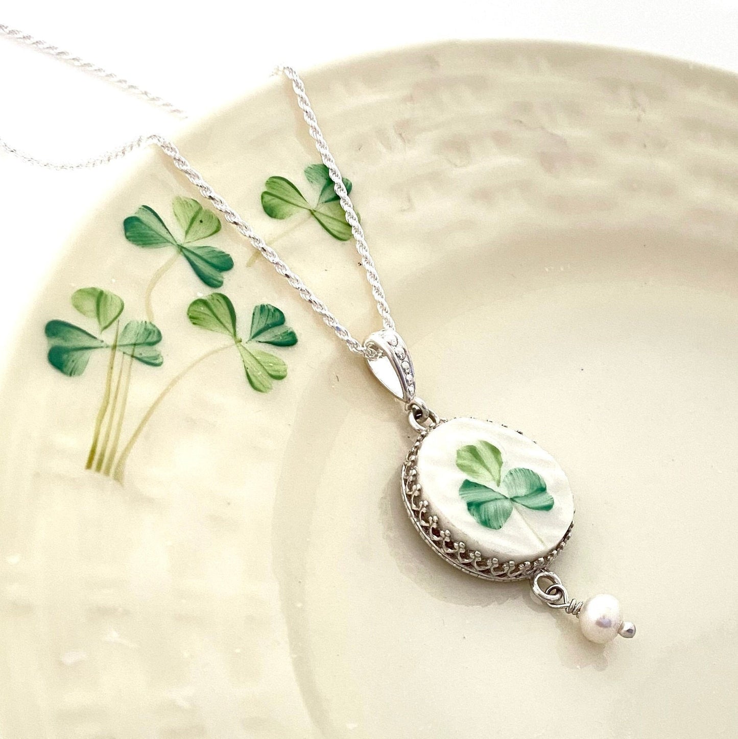 Handmade Irish Jewelry, Belleek Broken China Jewelry, Unique 20th Anniversary Gift for Wife, Celtic Silver Pearl Necklace