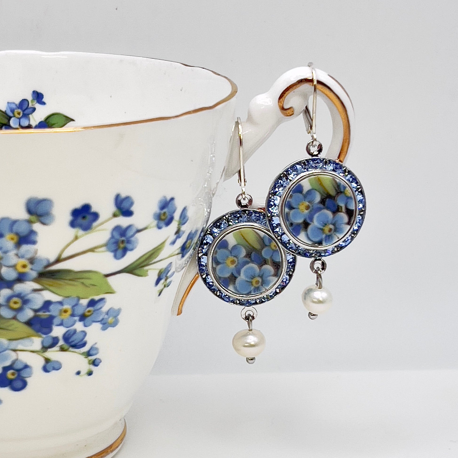 Vintage China Blue Forget Me Not Earrings, Crystal Broken China Jewelry, Anniversary Gift for Her