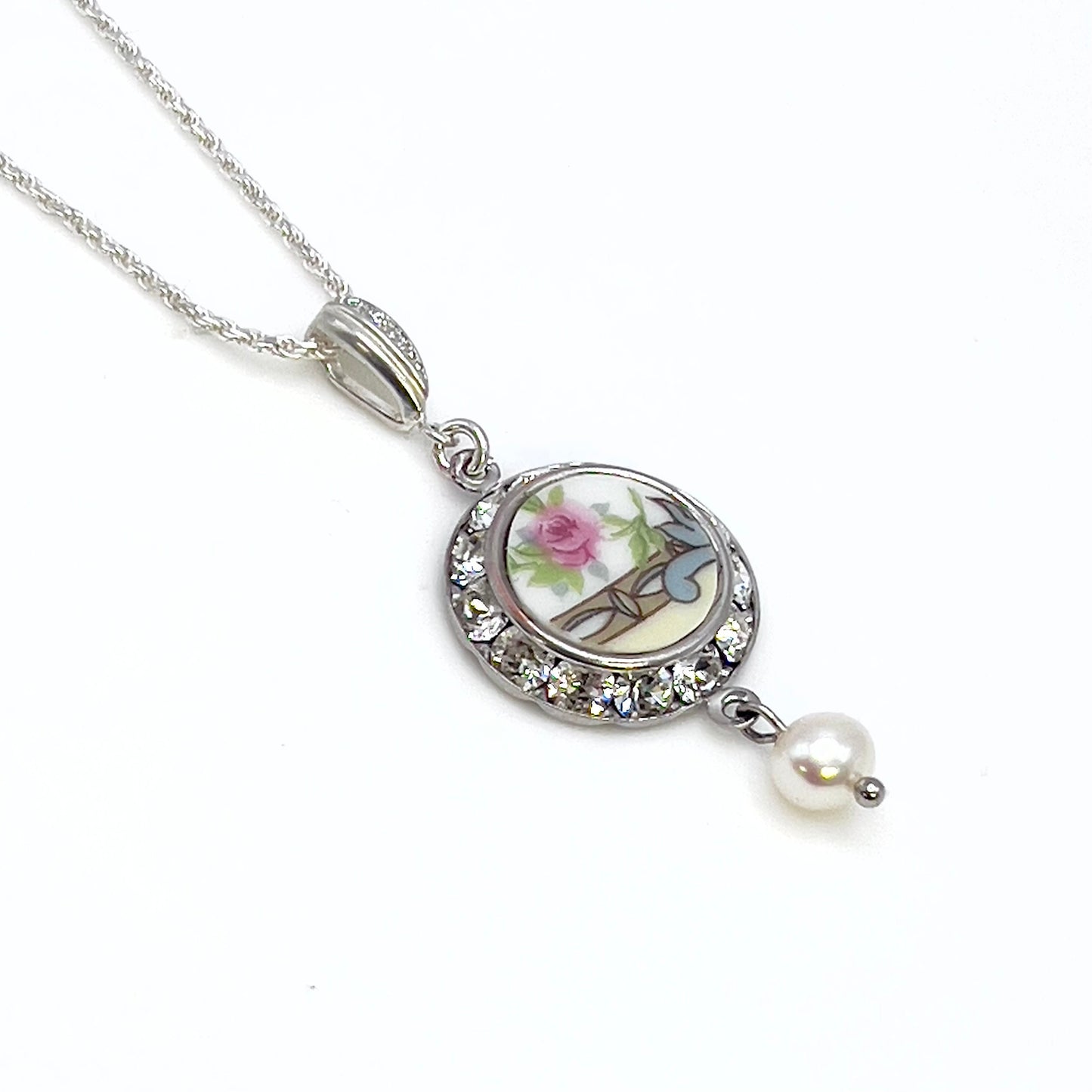 Victorian Rose China Necklace, Broken China Jewelry, Pearl Drop Necklace, Crystal Necklace, Unique Gifts for Women, Valentines Day Gift