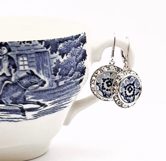 Vintage Liberty Blue China, Broken China Jewelry, Crystal Earrings