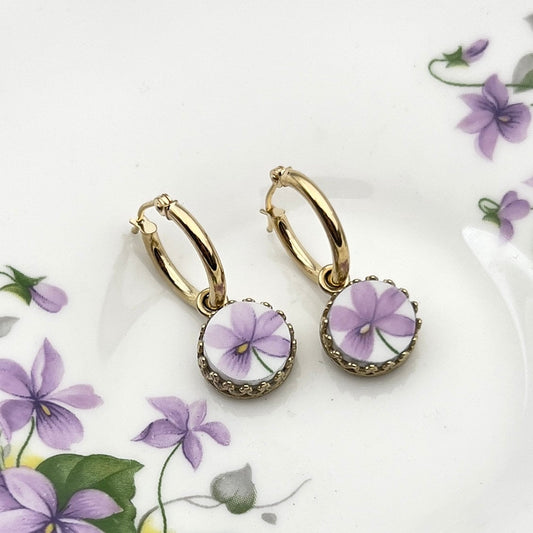 Dainty 14k Gold Violet Hoop Earrings