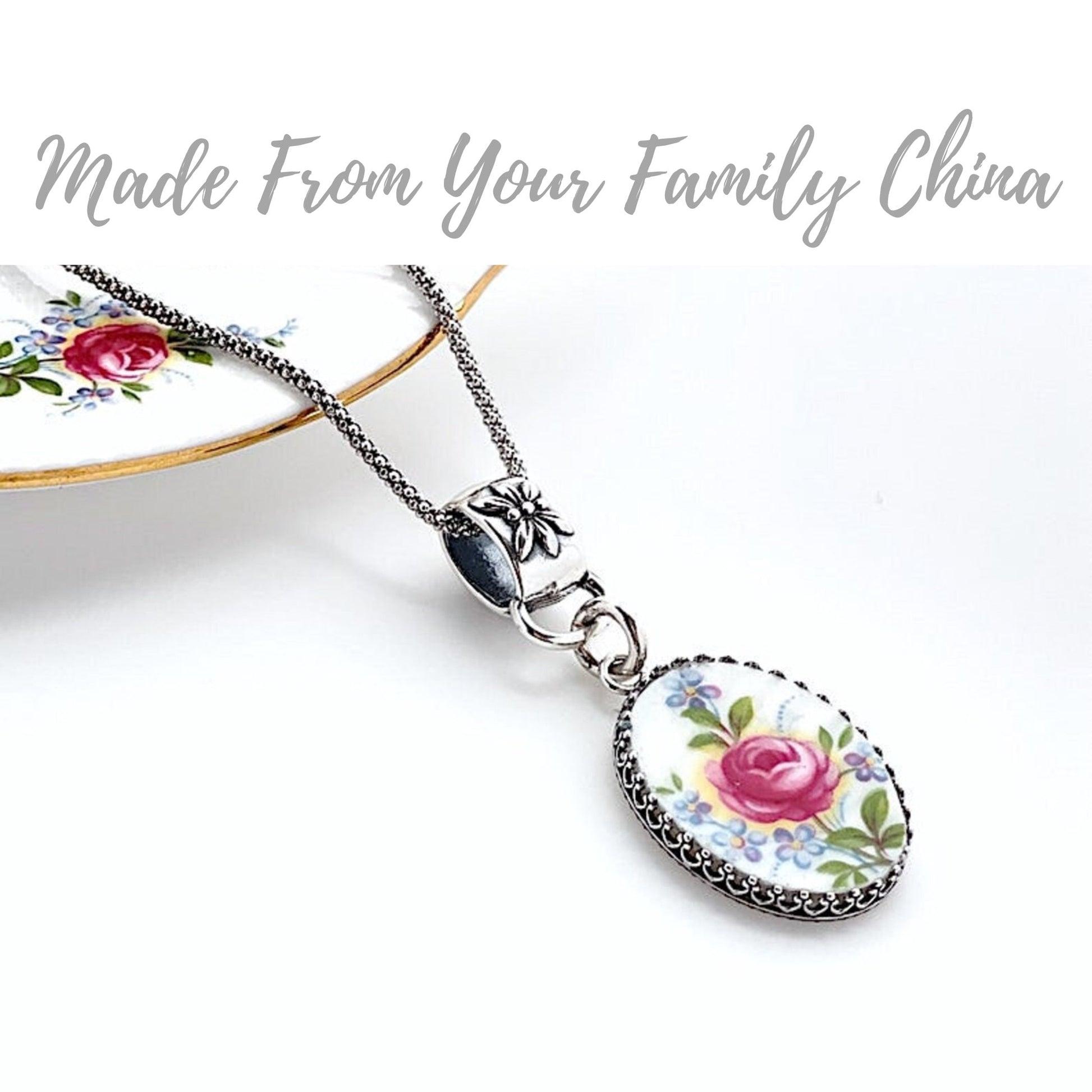 CUSTOM ORDER Medium Oval China Necklace Floral Bale, Memorial Jewelry, Sister Gift, Custom Broken China Jewelry Made from Your China