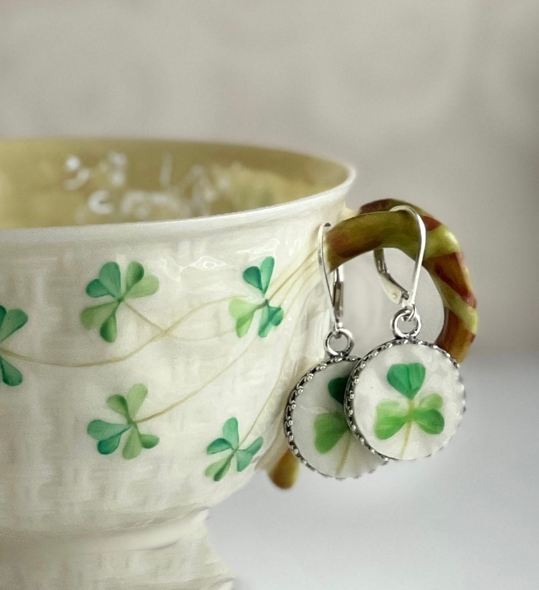 Celtic Earrings, Sterling Silver Dangle Earrings, Irish Belleek Broken China Jewelry, 20th Anniversary Gift for Wife