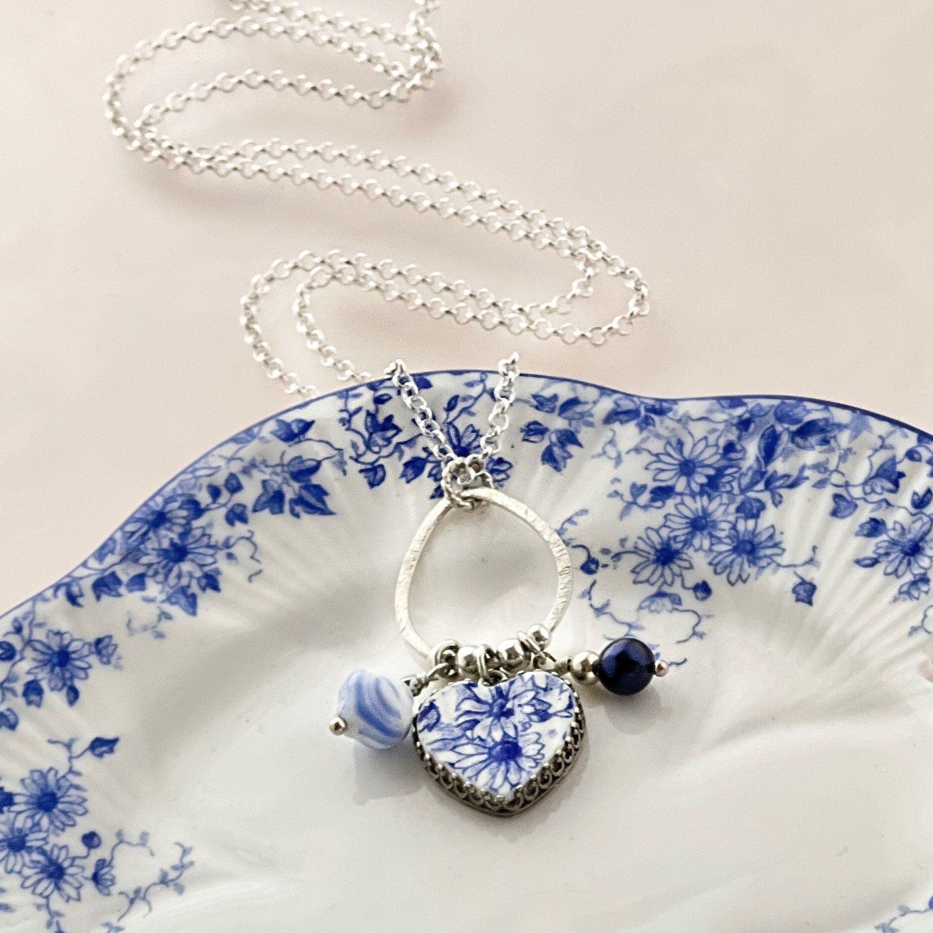 Shelley Dainty Blue China, Sterling Silver Broken China Jewelry, Daisy Charm Necklace, Unique 20th Anniversary Gifts for Wife