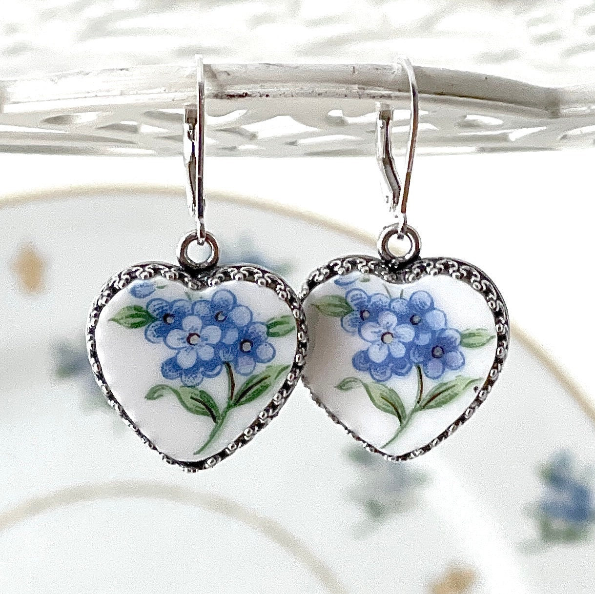 Forget Me Not China Earrings, 20th Anniversary Gift for Wife,  Blue Broken China Jewelry, Heart Forget Me Not Earrings, Jewelry Gifts