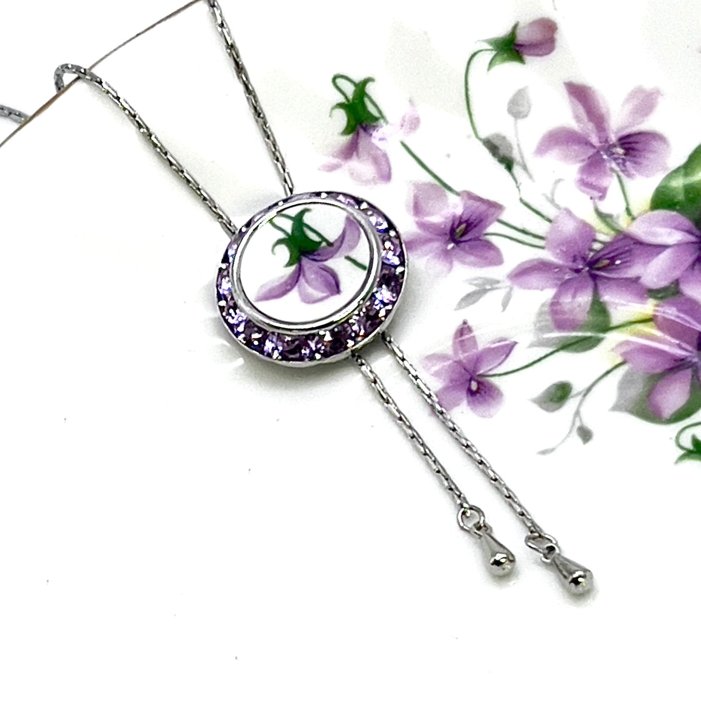 Adjustable Violet Lariat Necklace, Broken China Jewelry, Crystal Bolo Tie Necklace, Vintage China, 30” Long Necklace