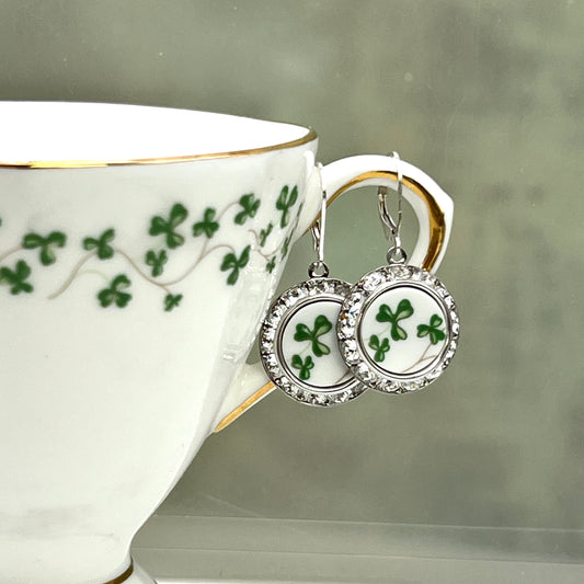 Irish Royal Tara China Crystal Earrings, Shamrock Broken China Jewelry, Celtic Jewelry Gifts for Women