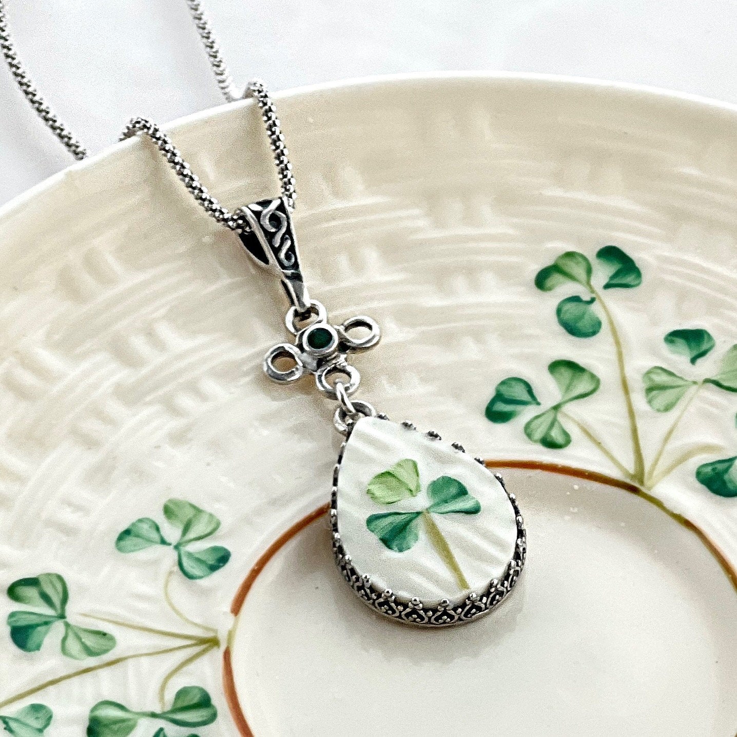 Belleek Irish China Necklace, Sterling Silver Celtic Knot, Broken China Jewelry, Unique 20th Anniversary Gift for Wife, Irish Jewelry Gift