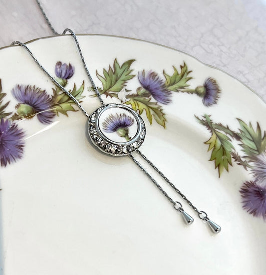 Thistle Lariat Necklace, Vintage Broken China Jewelry, Adjustable Crystal Bolo Tie Necklace, Long Elegant Necklace, Gifts for Women for Mom