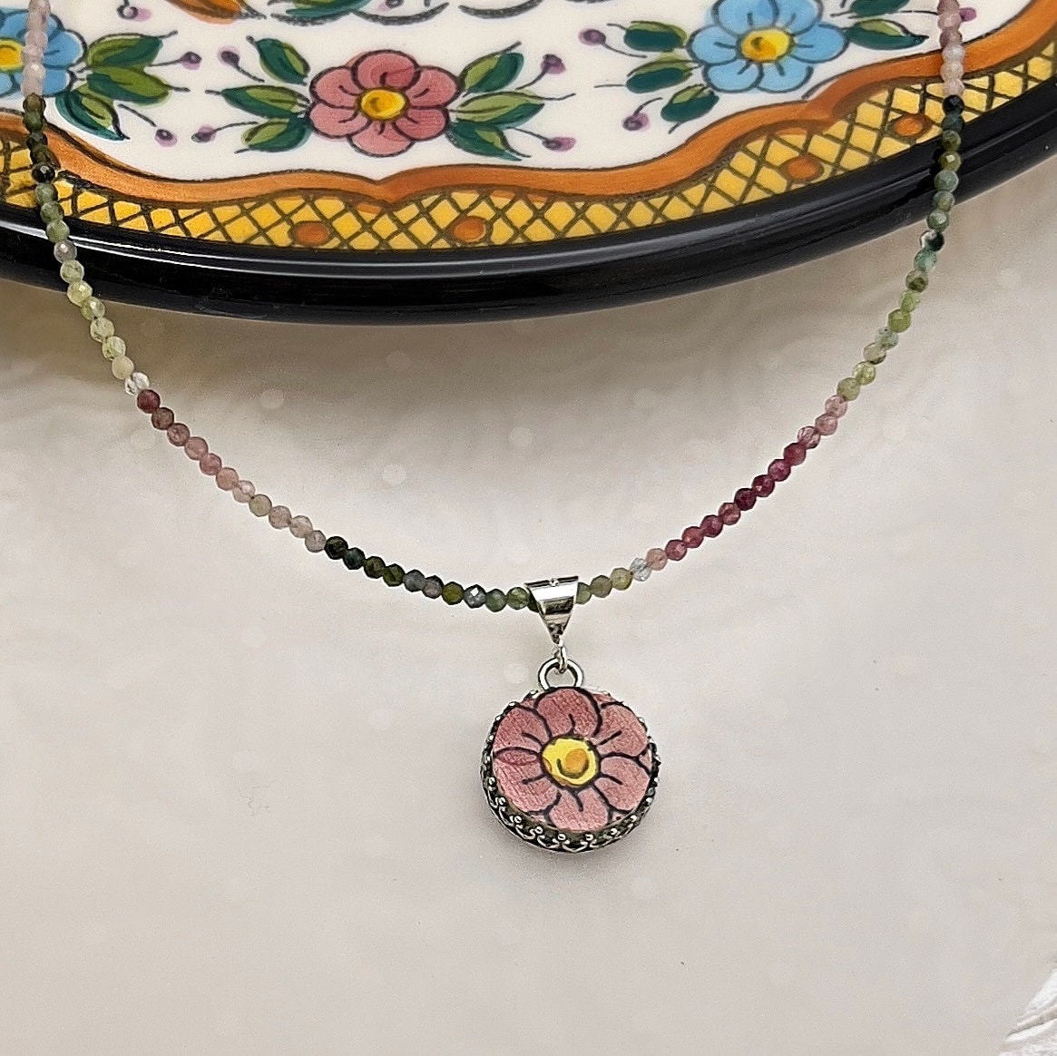 Dainty Pink Flower Necklace, Broken China Beaded Gemstone Jewelry, 9th Anniversary Pottery Gift for Wife