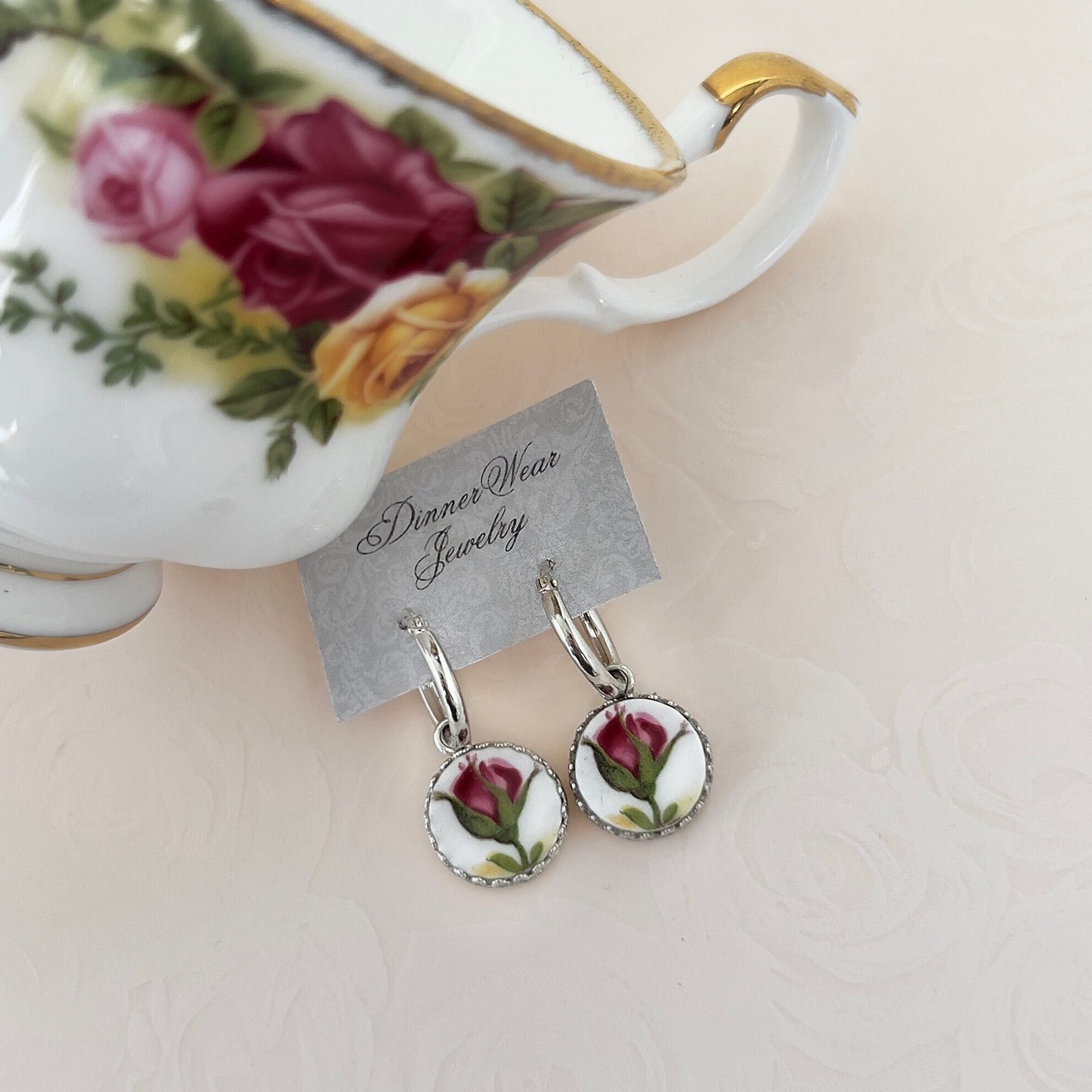 Romantic Rose Earrings, 20th Anniversary Gift for Wife, Broken China Jewelry, Sterling Silver, Royal Albert Old Country Roses