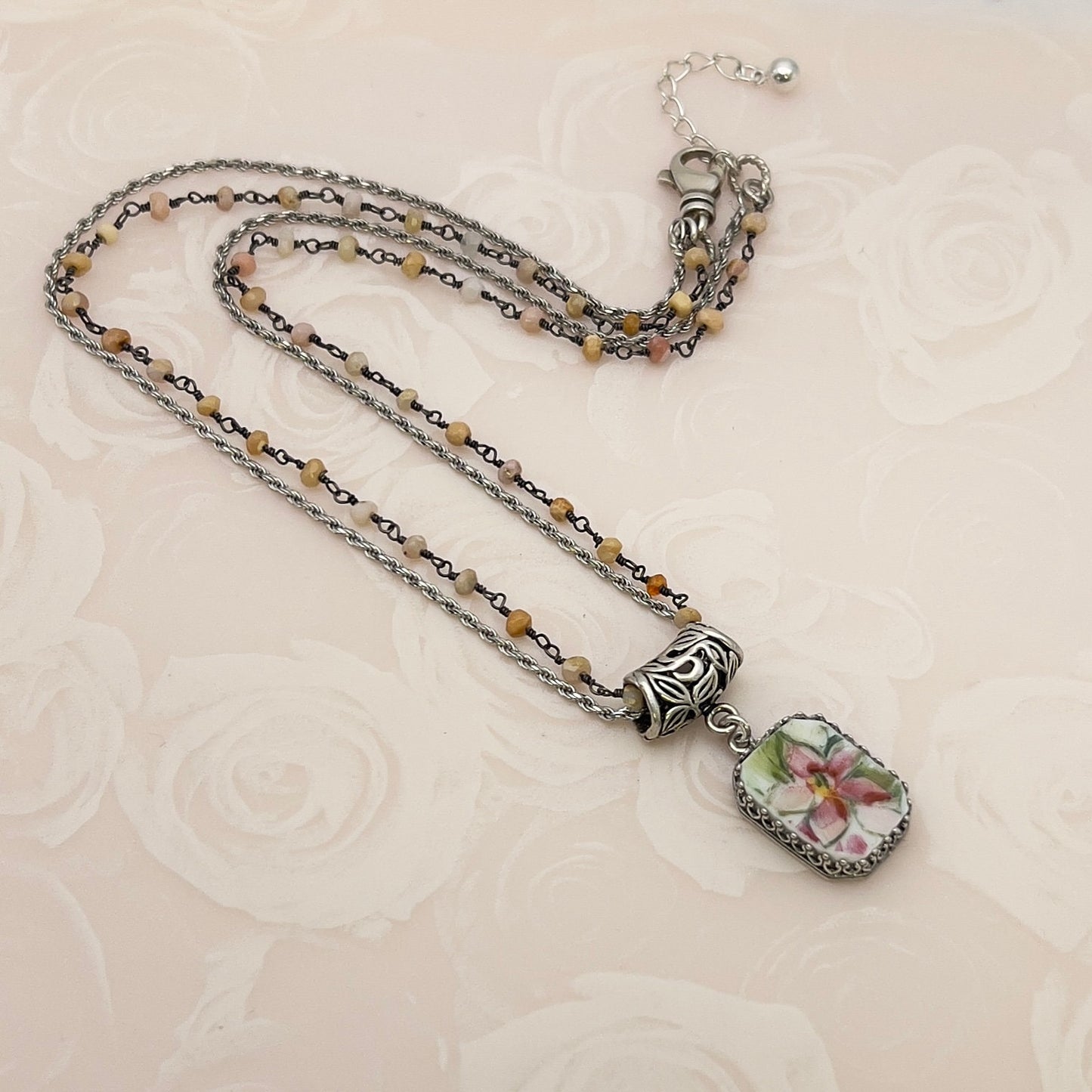 French Limoges Broken China Jewelry Necklace, Hand Painted Antique Porcelain, Sterling Silver and Opal