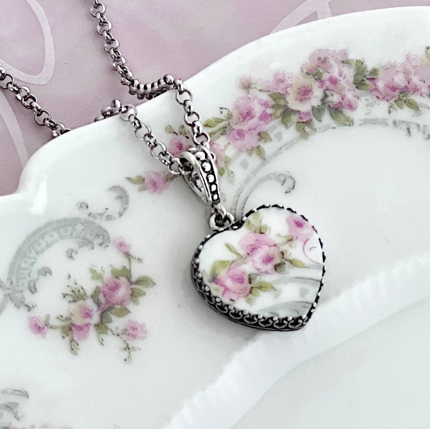Victorian Heart Necklace, Unique Anniversary Gifts, Gift for Girlfriend, Limoges Porcelain Jewelry, Gifts for Women