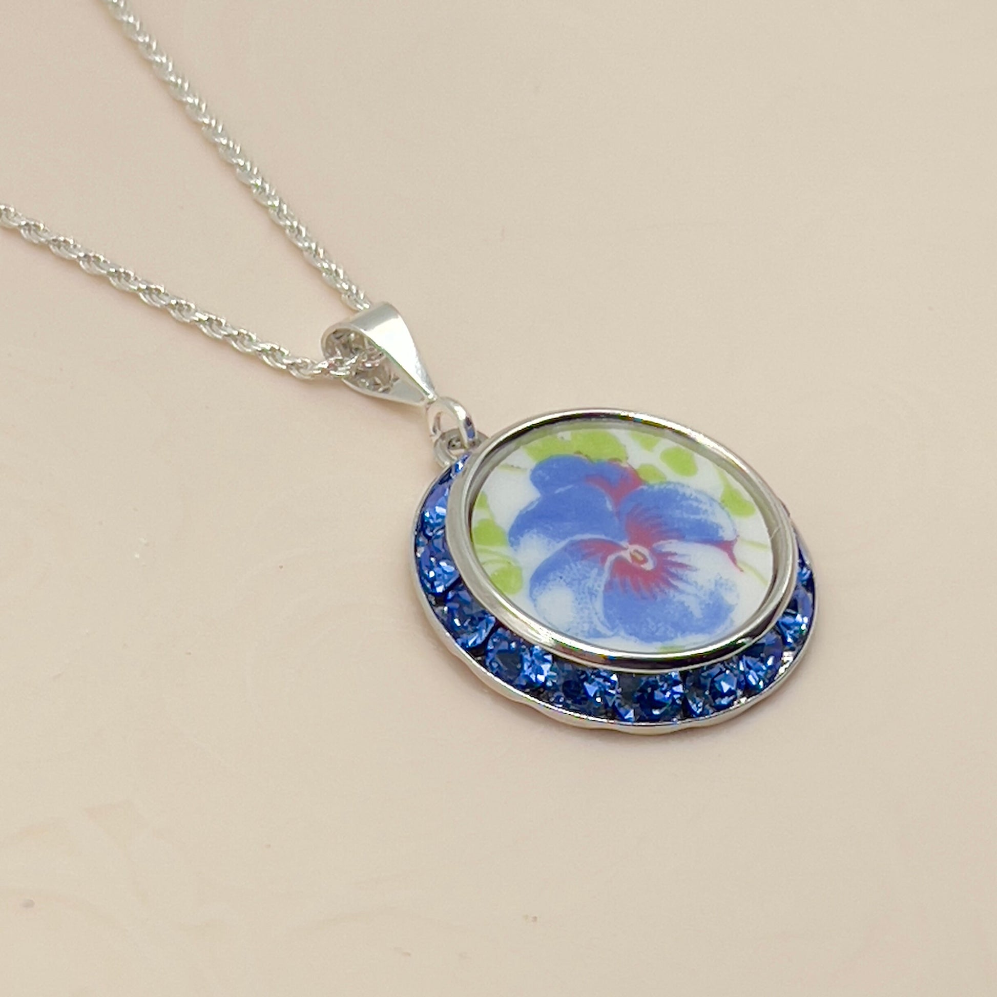 Blue Crystal Pansy Necklace, Unique Broken China Jewelry, Spring Accessories, Gifts for Women