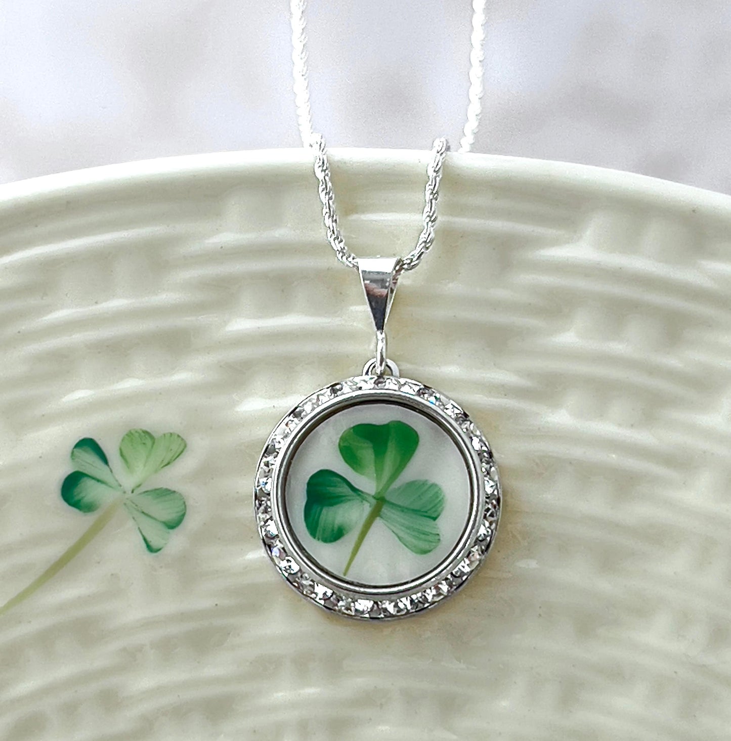 Celtic Shamrock Necklace, Belleek Broken China, Irish Jewelry, Crystal Necklace, Unique Gifts for Women, Gifts for Women