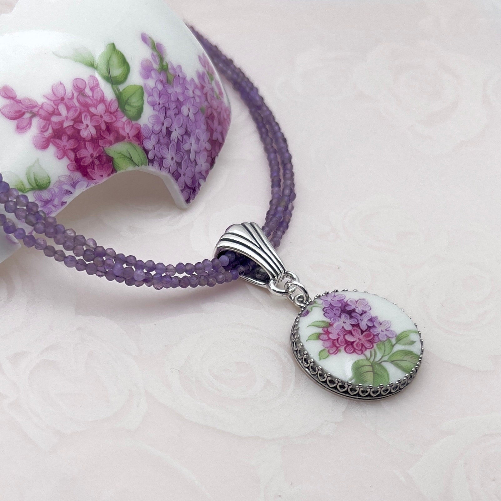 Adjustable Purple Lilac Necklace, Statement Broken China Jewelry, Amethyst Necklace, Gifts for Women