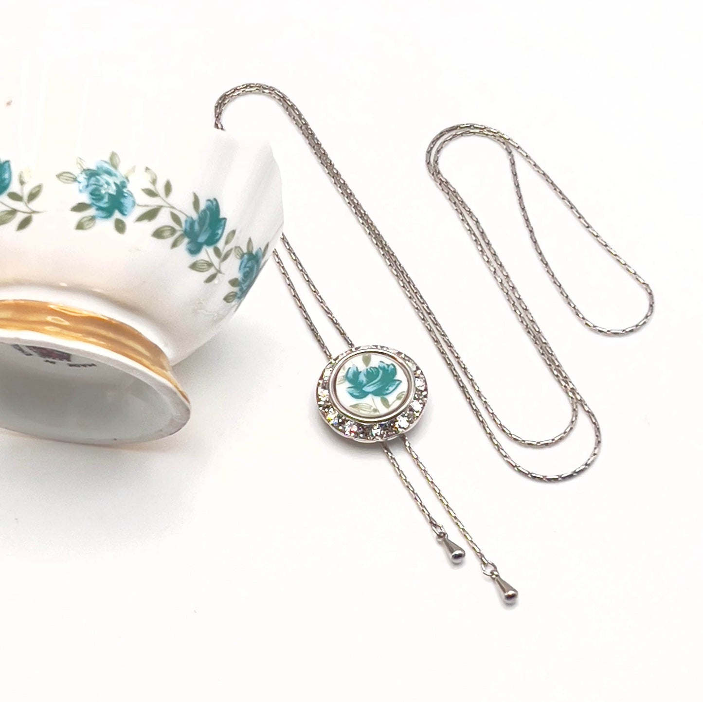Blue Rose Lariat Necklace, Vintage Broken China Jewelry, Adjustable Bolo Tie, Crystal Necklace, Long Elegant Necklace, Gifts for Her