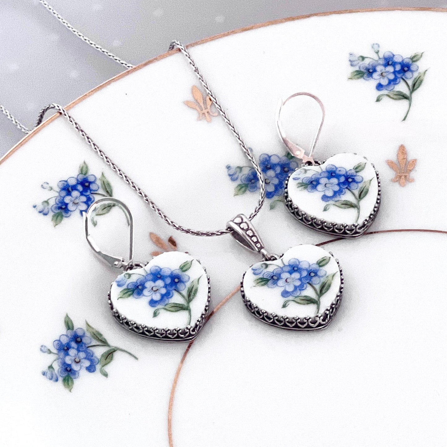 Forget Me Not China Jewelry Set, Romantic 20th Anniversary China Gift for Wife, Silver Necklace and Earrings, Gifts for Women