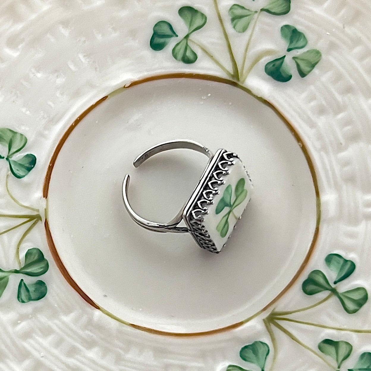 Vintage Belleek Irish China Ring, Broken China Jewelry, Celtic Shamrock Silver Adjustable Ring for Women, Clover Jewelry