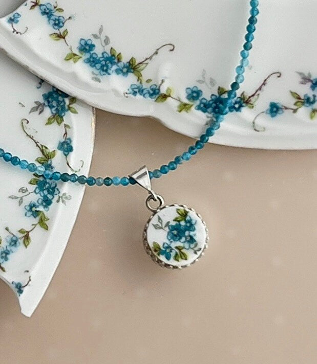 Dainty Forget Me Not Necklace, Broken China Beaded Gemstone Jewelry, Anniversary Gift for Her
