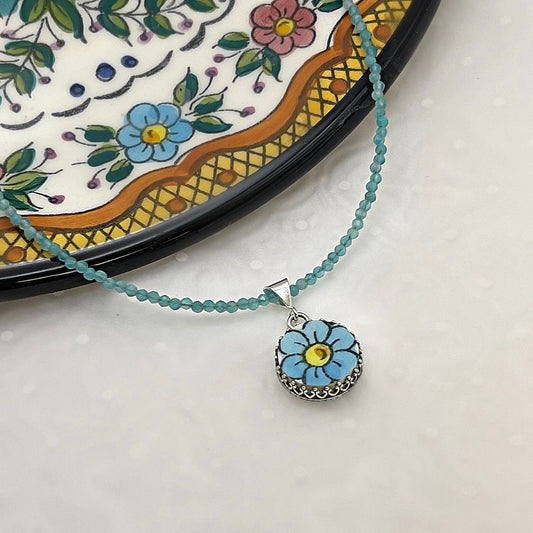 Dainty Flower Necklace, Broken China Beaded Gemstone Jewelry, 9th Anniversary Pottery Gift for Wife