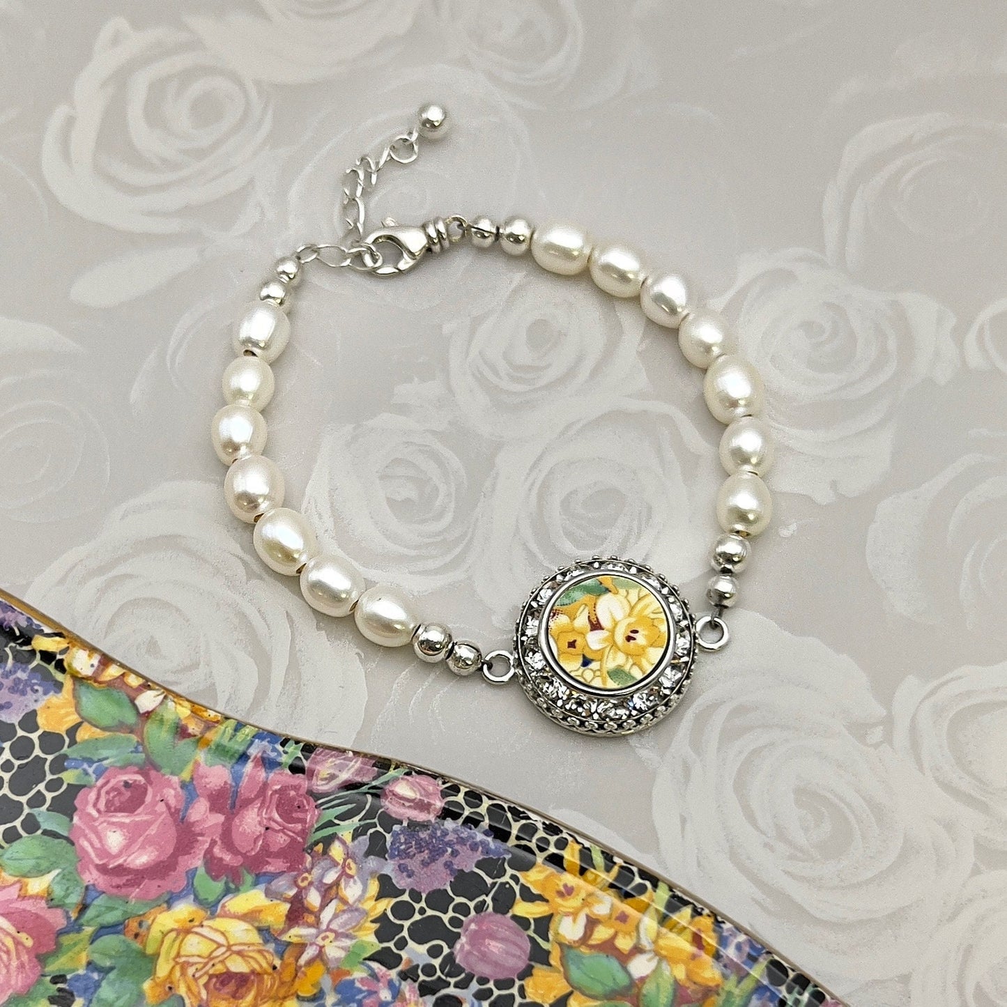 Yellow Daffodil Crystal and Pearl Bracelet, Vintage Broken China Jewelry, Unique Gifts for Women