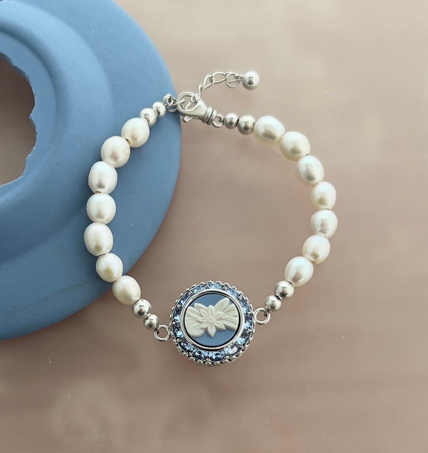 Freshwater Pearl and Crystal Bracelet, Vintage Wedgwood Jasperware, Broken China Jewelry