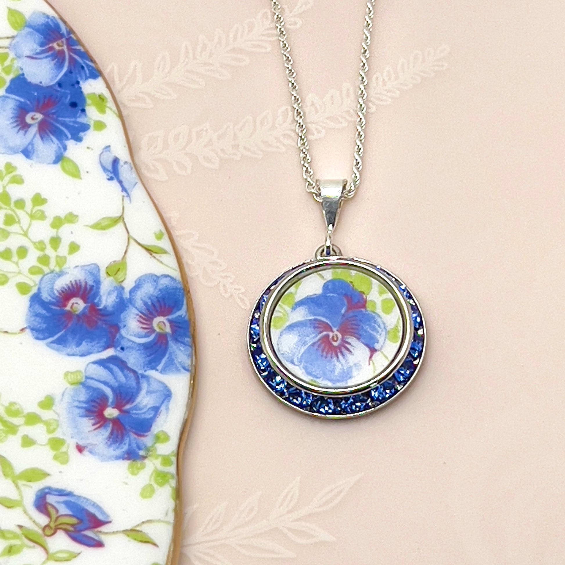 Blue Crystal Pansy Necklace, Unique Broken China Jewelry, Spring Accessories, Gifts for Women