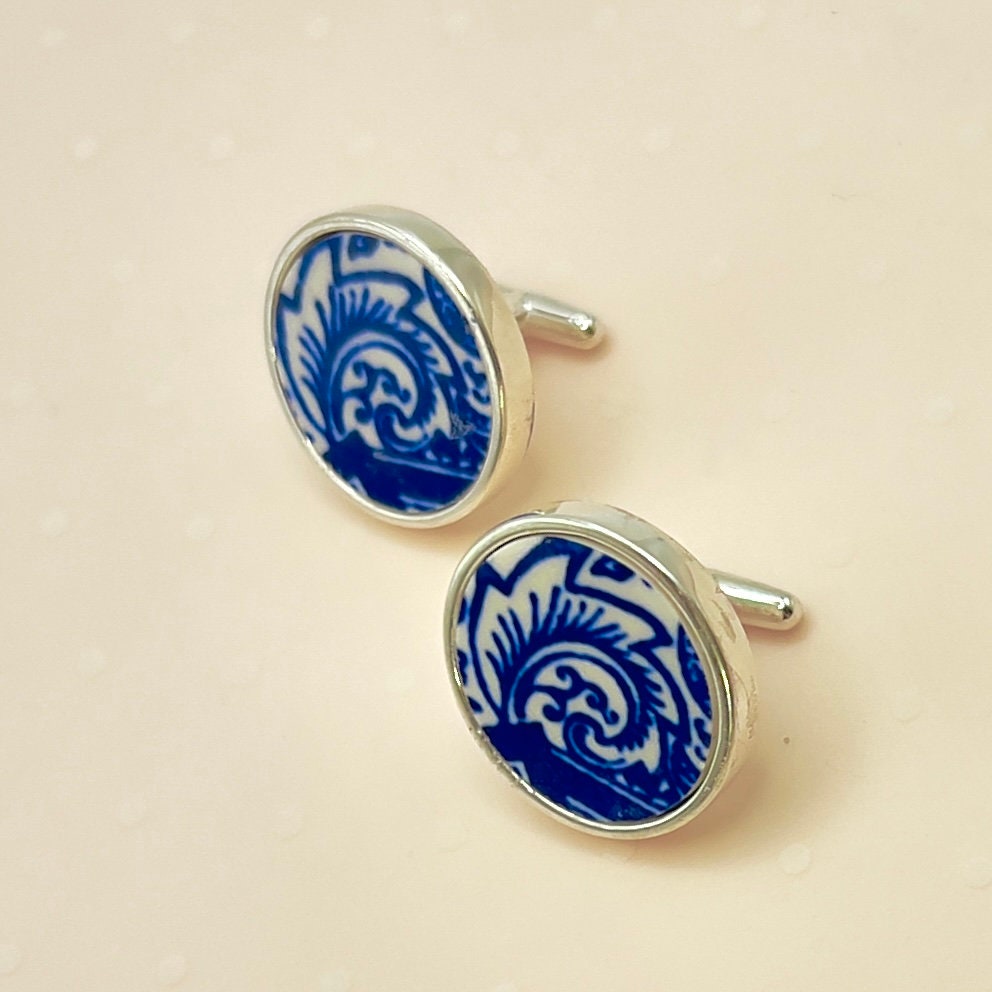 Unique 20th Anniversary Gift for Husband, Sterling Silver Cuff Links, Blue Willow Broken China Jewelry