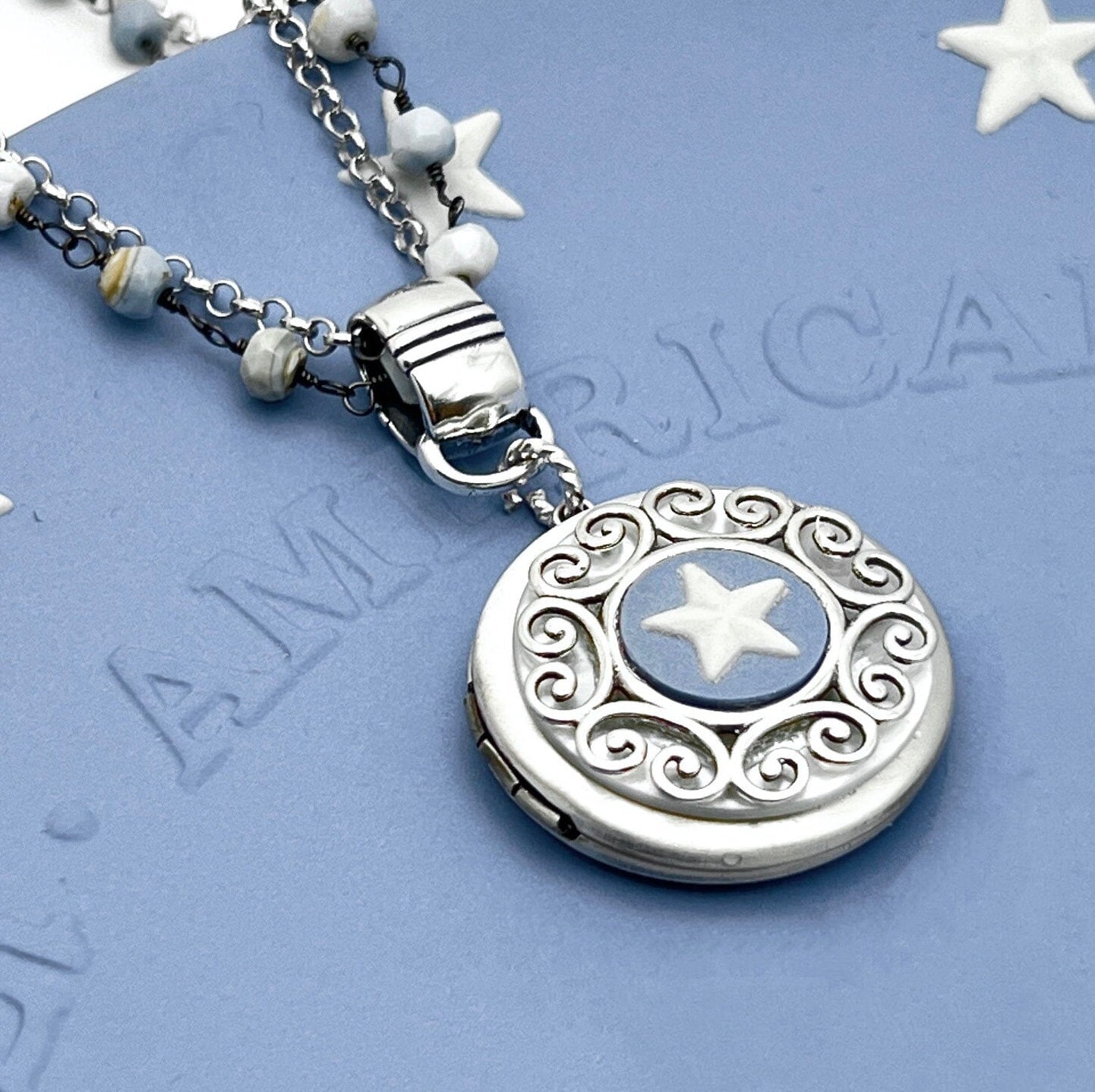 Sterling Silver Locket Necklace, Wedgwood Jasperware Broken China Jewelry, Blue Opal Star Necklace, Gifts for Women