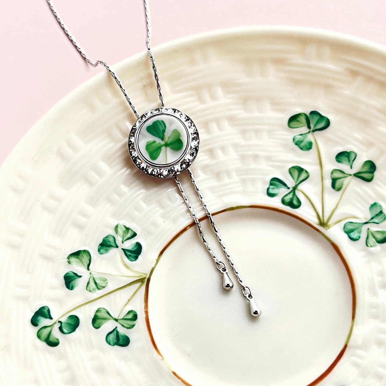 Belleek Irish China Lariat, Broken China Jewelry, Adjustable Celtic Shamrock Crystal Necklace, Broken China Jewelry, Gifts for Her