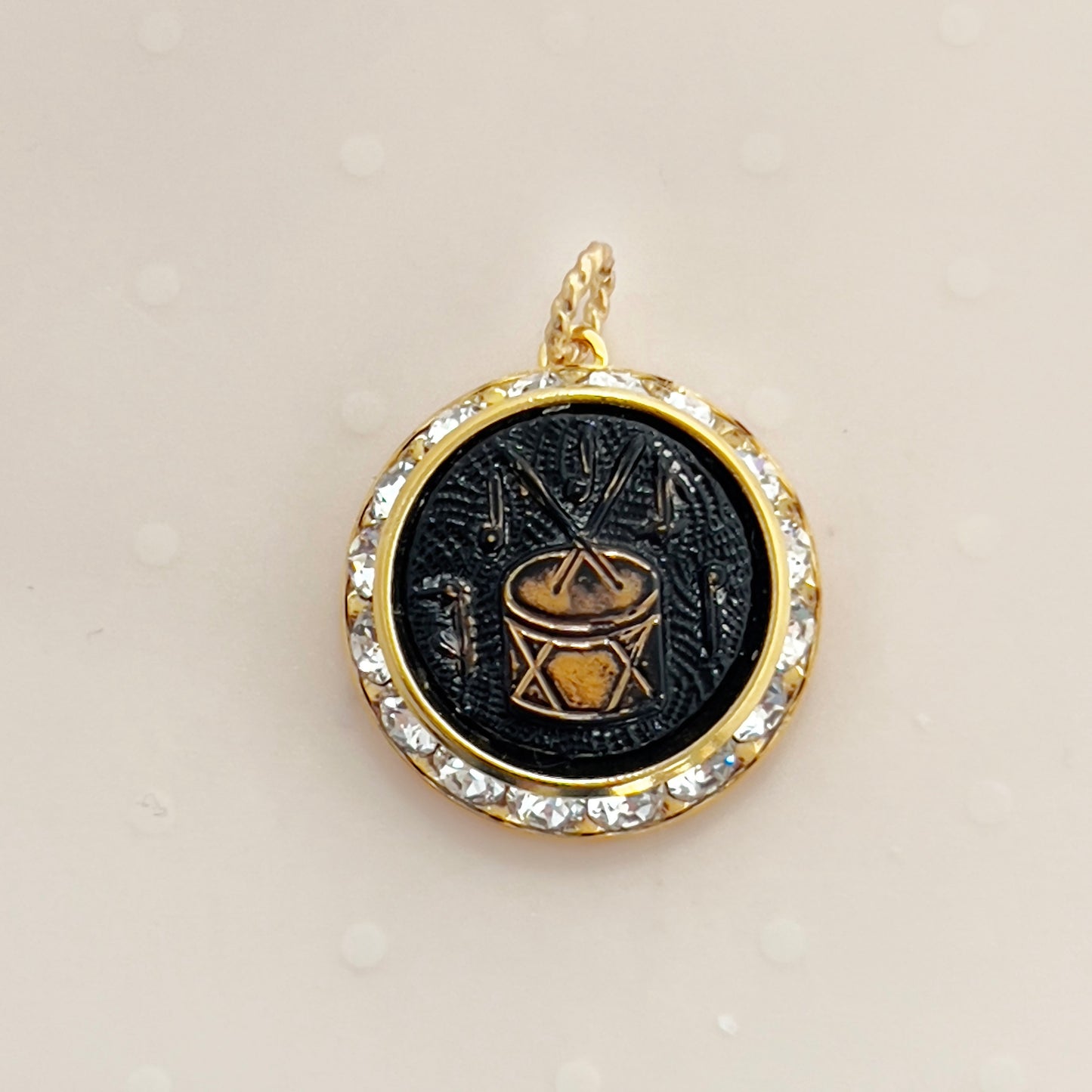 Vintage Music Theme Button Pendant, Gold and Black Glass Drum Pendant, Unique Cameo Jewelry Gifts for Women