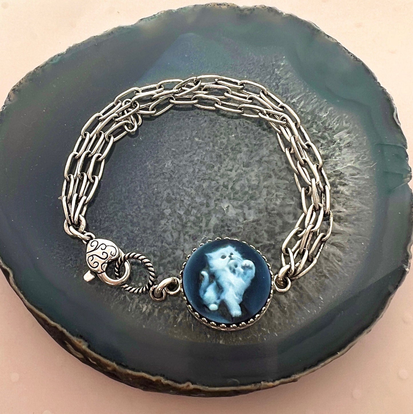 Sterling Silver Cat Cameo Bracelet, Gemstone Cameo Jewelry, Unique Anniversary Gifts for Women