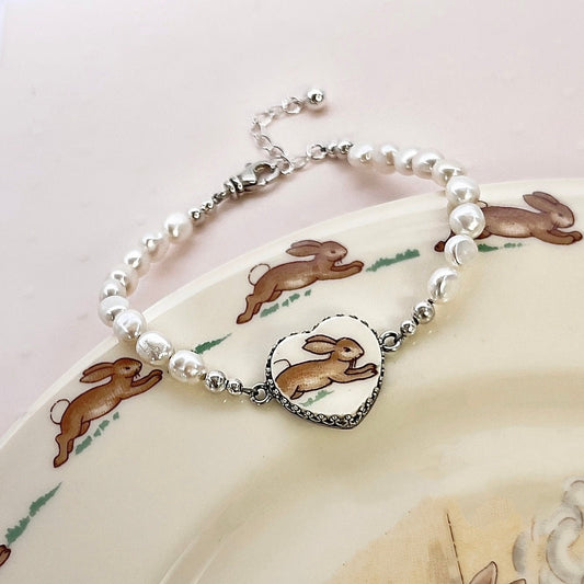 Bunny Rabbit Jewelry, Pearl Bracelet, Bunnykins Broken China Jewelry, Unique Gifts for Women