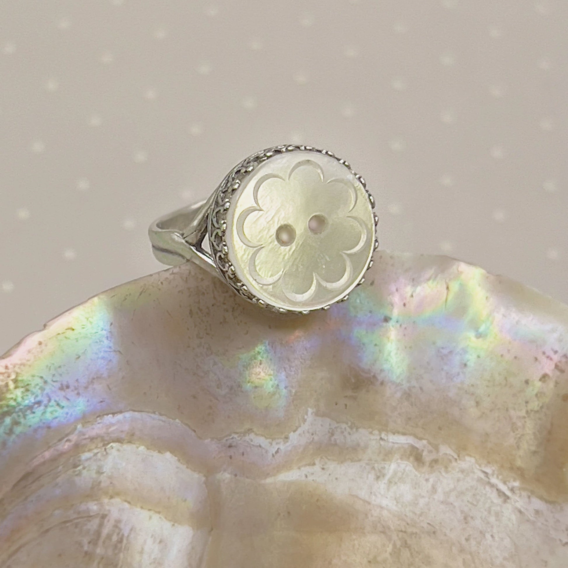 Vintage Mother of Pearl Shell Button Jewelry, Sterling Silver Adjustable Rings for Women, Unique Mom Gift