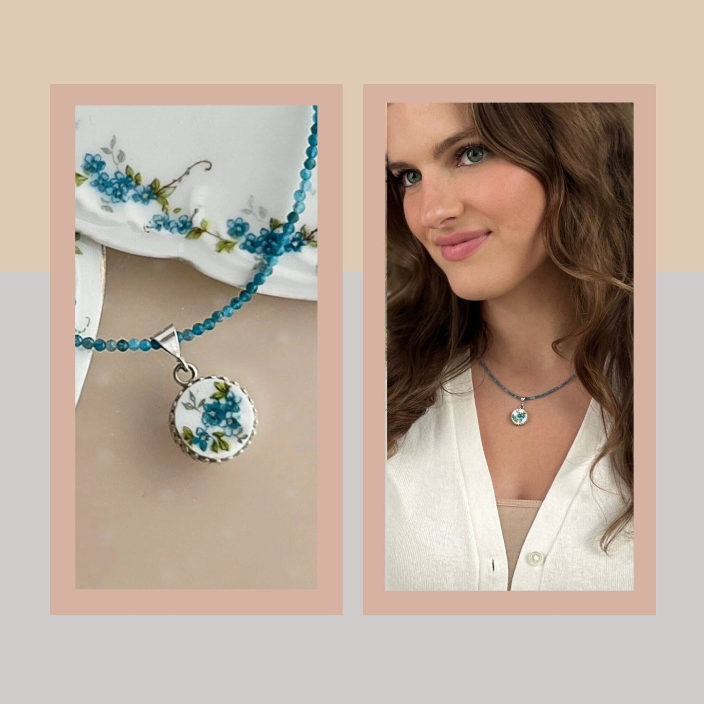 Dainty Forget Me Not Necklace, Broken China Beaded Gemstone Jewelry, Anniversary Gift for Her