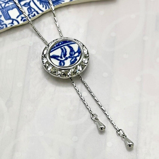 Adjustable Blue Willow Lariat Necklace, Broken China Jewelry Love Birds, Unique Anniversary Gifts