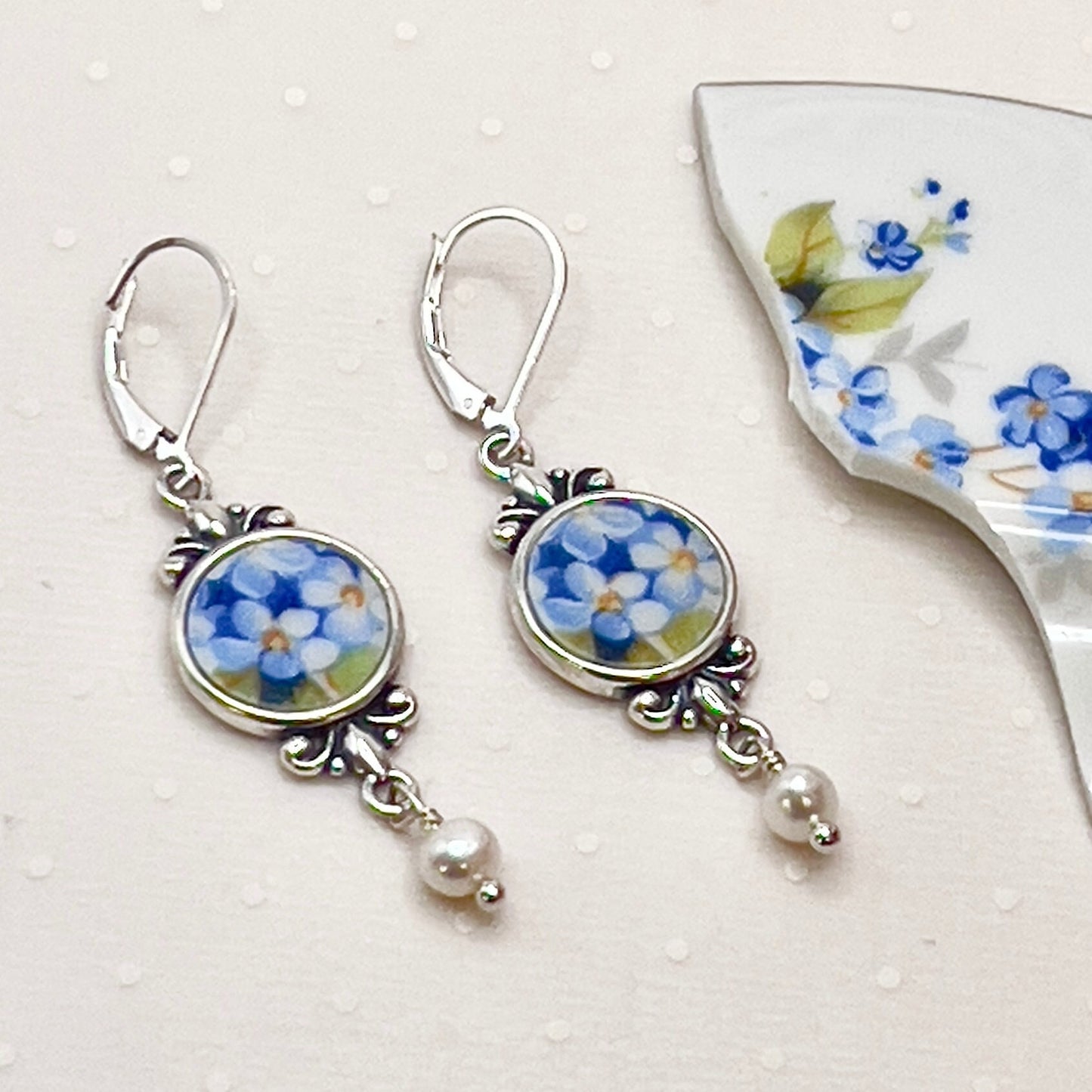 20th Anniversary Gift for Wife, Victorian Broken China Jewelry Earrings, Forget Me Nots