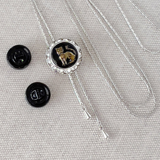 Cat Jewelry, Vintage Glass Button Necklace, Adjustable Crystal Lariat Necklace